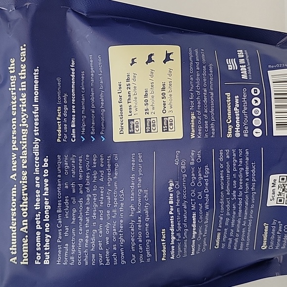 LAST CHANCE! Honest Paws Calm 5mg Bites Dog Treats 9.5oz Peanut Butter Flavor - Picture 4 of 5
